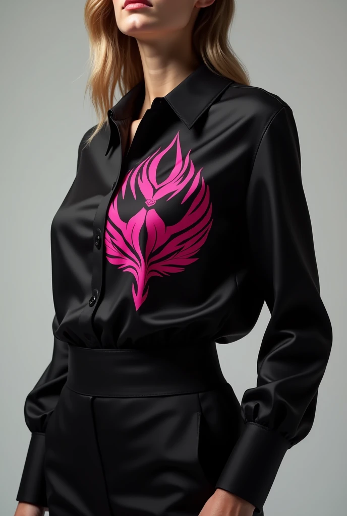 Create a black blouse with the name Phoenix global meeting of women of the color pink