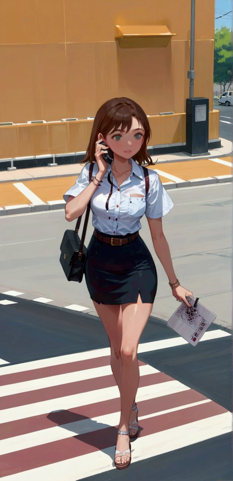 realistic anime illustration of pretty young woman is crossing a road while calling phone and carrying black bag, she has a brown shoulder length hair and wearing white shirt short sleeves (without breast pocket:1.22), collared button up shirt, black pencil skirt with belt, and white heel sandals, (1girl, solo, full body), (masterpiece, best quality, Japanese anime style), (expressive eyes, perfect face, perfect anatomy)