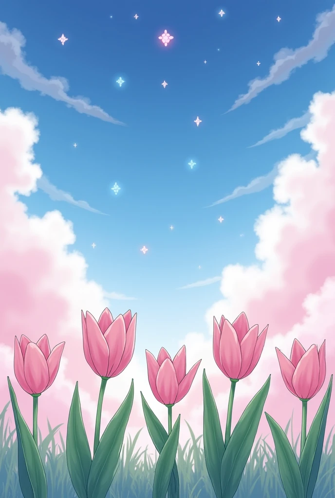 I want a row of pink 2d tulips having three petals as well as green leaves and dreamy pinkish clouds above it. Also add four handed stars with a blue sky. Make the pic like anime.
Make tulips lighter