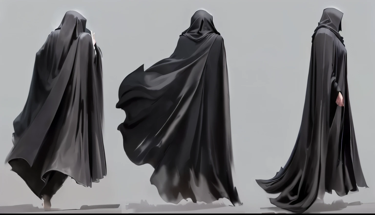 a set of three black cloths with a long cape on them, flowing robes, cloak flittering in the wind, vantablack cloak, cloth simulation with houdini, flowing realistic fabric, spirits covered in drapery, wearing a flowing cloak, waving robe movement, floating robes, vantablack cloth technology, black cloak from neck to ankles