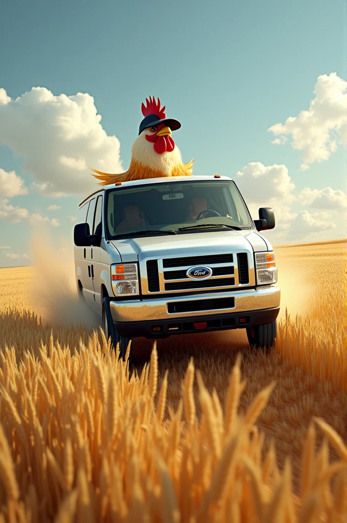a chicken driving a 2007 ford tourneo connect at 270 kmh on a wheat fiels
