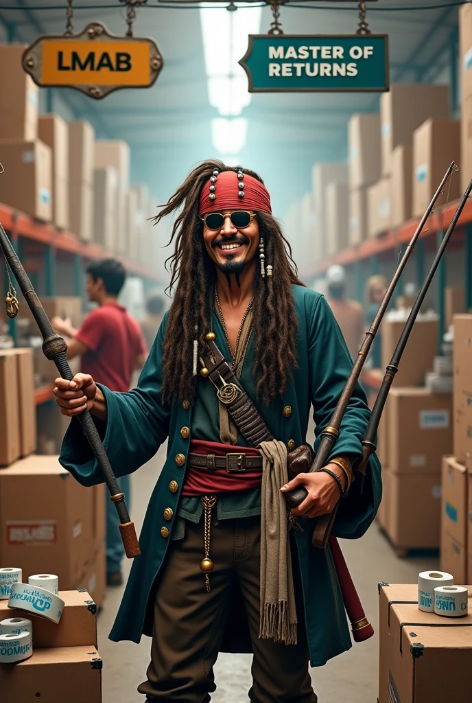 Create an image of Jack Sparrow, who is standing in front of a lot of packages and has several fishing rods and fishing equipment in his hand.
Jack Sparrow is said to be in a returns warehouse for fishing equipment.
He should laugh in a friendly manner. look at the camera, zoom in and present the fishing and hold a package. Wear sunglasses. Above him hangs a sign that says " LMAB" and a sign that says "Master of Returns".
In the background, employees are packing, who use white adhesive tape with light blue writing.