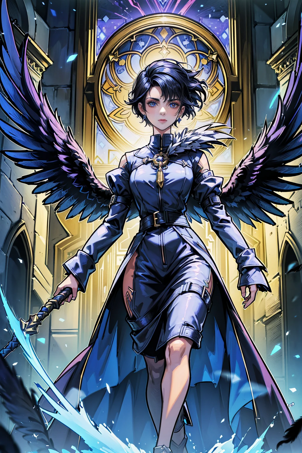 (((Epic illustration of a portal-creating wizard))), (black coat, neck with plumage, sleeves with plumage, coat with arcane patterns), (earring in right ear, short hair), dark staff. (((masterpiece, 8k, HD))), ((camera from below)), (Camera looking from the left).
