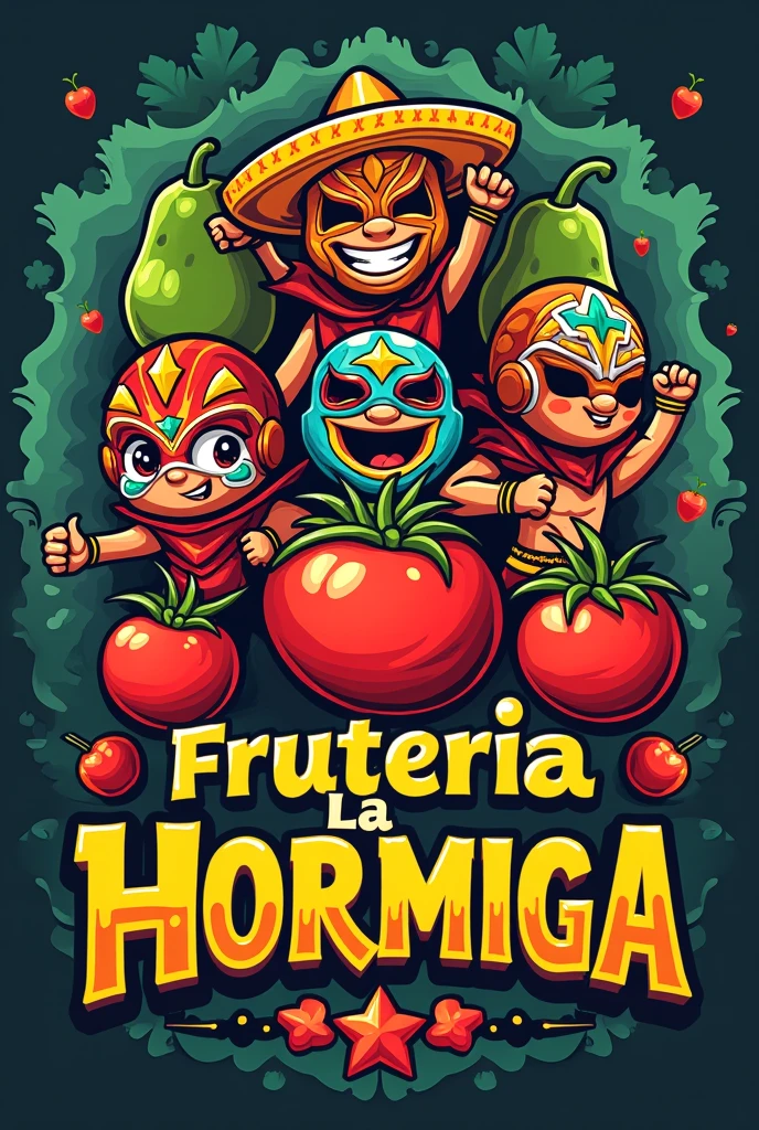 Logo for a fruit store that contains fruits and vegetables dressed as Mexican wrestlers and masked people and that says "Frutería la Hormiga" in Spanish