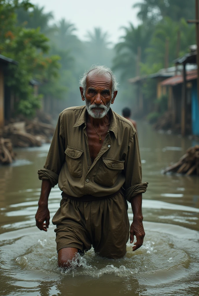 A shirtless old man carries things on his head to escape floodwaters in an old house area.