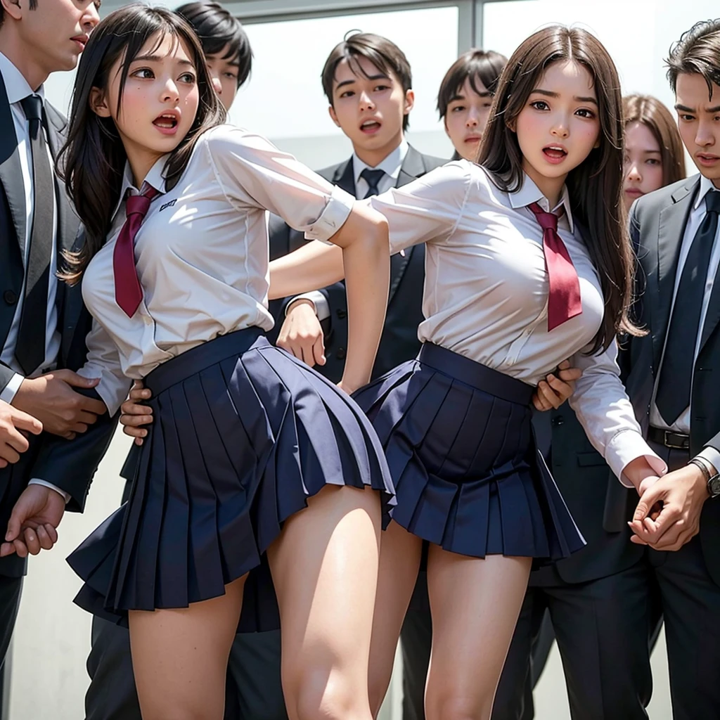 A beautiful innocent girl surrounded by excited high school boys, Cute baby face like an idol, She screams with her mouth open in shame after being molested in public and watched from close range, A high school boy rips off his school uniform with a cutter, revealing his pure white panties, A high school boy grabs my breasts from behind, A high school boy touches my crotch, Anatomically correct, Being molested by a group of men, Fleeing, Glaring at the viewer with a look of anguish, Beautiful long wavy bob hair, blush, Increased sensitivity, Tears overflow from your beautiful eyes, Ultra high definition, Slender body, Japanese, Inner thighs