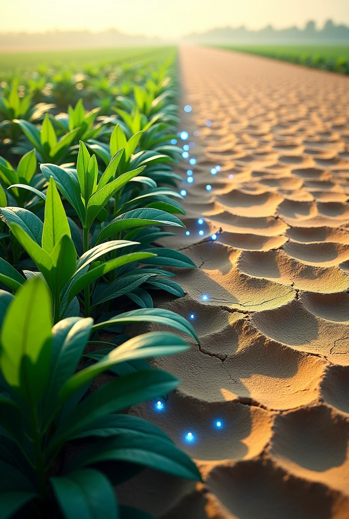 An image with a beautiful soybean plantation and on the other side a dry and arid land with a more technological touch with various blue particles of technology in the soybeans.
