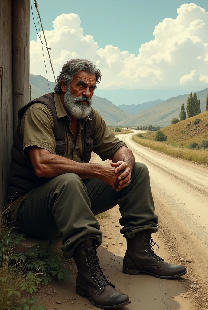 A real men sitting beside road