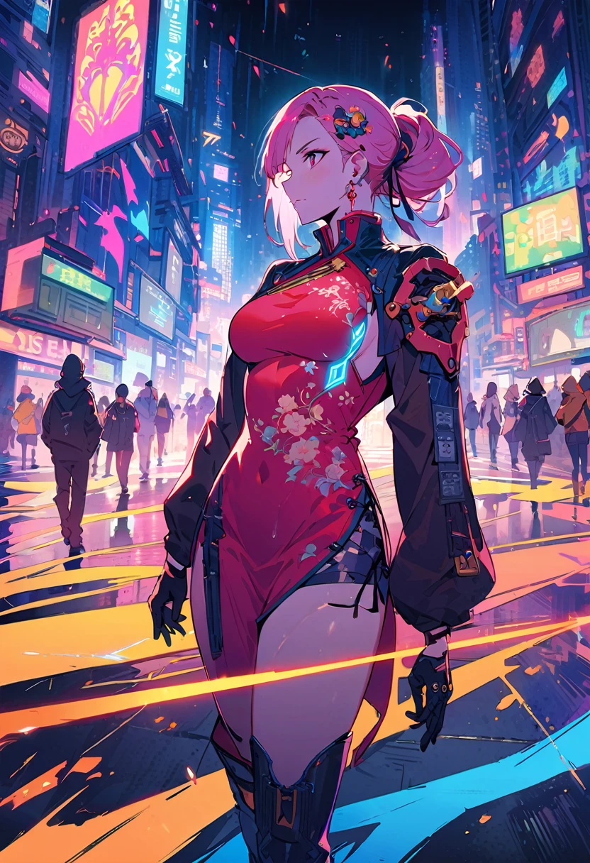 (best quality), (ultrafein), (​masterpiece), Illustration, a girl,China-Costume,cyberpunk, （cyberpunk，China-Costume，Cybernetic implants），Hair Accessories, bright colours，dynamic lighting，neon lights，shining city skyline，holographic projection，Fashionable clothing of the future，a mix of traditional and modern elements，Avantgardistisches Make-up，exquisite hairstyle，Self-confidence and determination，Urban environment，Heavy rain，Reflection on wet road，Metall Textur，Mechanical Armor, gorgeous accessories，High-Tech-Gadgets，Impressive cybernetic improvements，Clear focus，Grumpy Details, Overclocked rendering, Cinematic edge light, fine light, ​masterpiece, super Details, epic work, Ultra-High-Definition, good quality, 32K