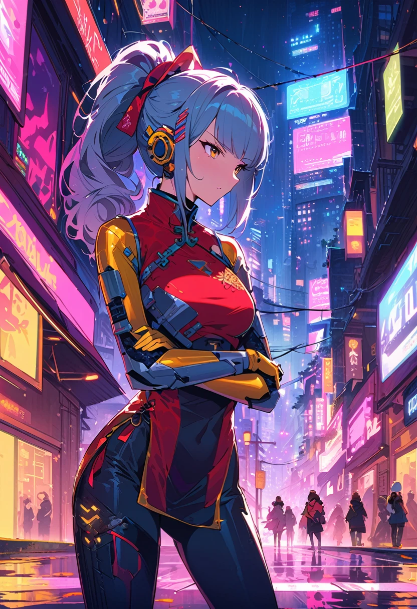 (best quality), (ultrafein), (​masterpiece), Illustration, a girl,China-Costume,cyberpunk, （cyberpunk，China-Costume，Cybernetic implants），Hair Accessories, bright colours，dynamic lighting，neon lights，shining city skyline，holographic projection，Fashionable clothing of the future，a mix of traditional and modern elements，Avantgardistisches Make-up，exquisite hairstyle，Self-confidence and determination，Urban environment，Heavy rain，Reflection on wet road，Metall Textur，Mechanical Armor, gorgeous accessories，High-Tech-Gadgets，Impressive cybernetic improvements，Clear focus，Grumpy Details, Overclocked rendering, Cinematic edge light, fine light, ​masterpiece, super Details, epic work, Ultra-High-Definition, good quality, 32K