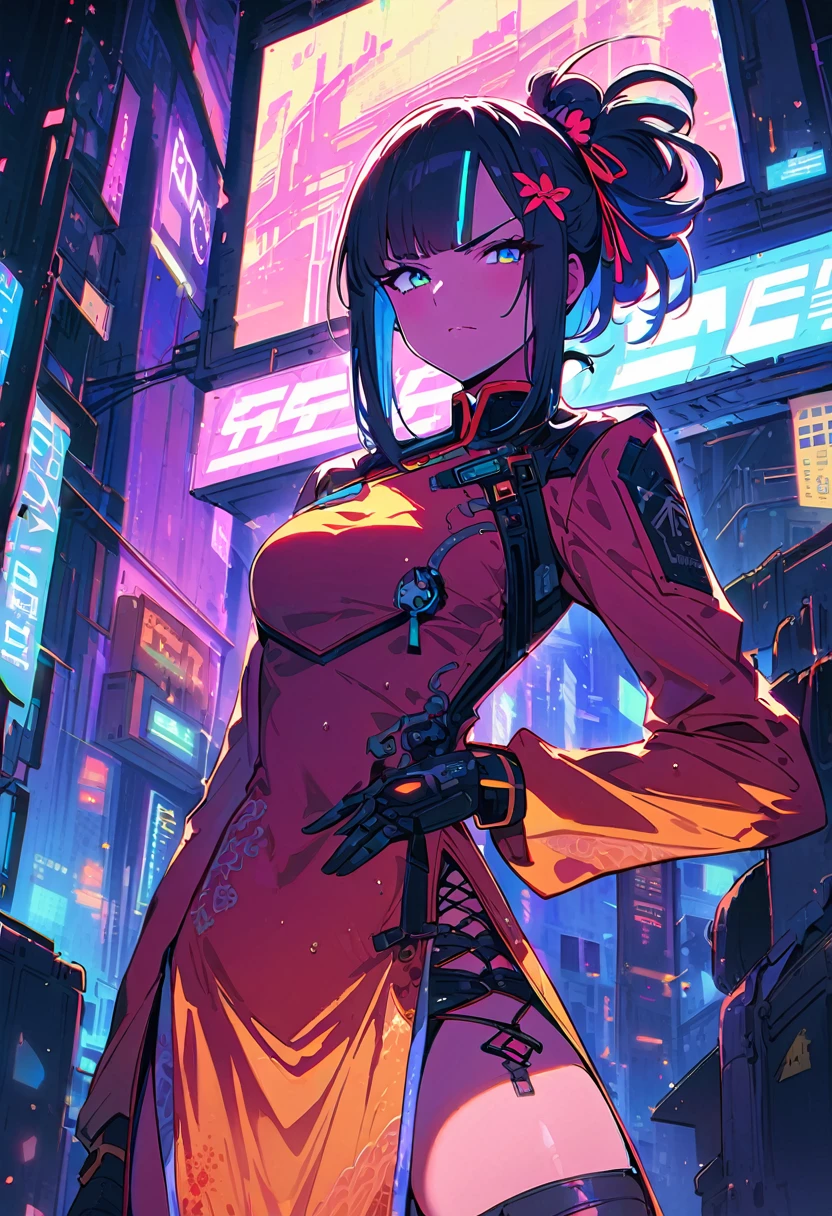 (best quality), (ultrafein), (​masterpiece), Illustration, a girl,China-Costume,cyberpunk, （cyberpunk，China-Costume，Cybernetic implants），Hair Accessories, bright colours，dynamic lighting，neon lights，shining city skyline，holographic projection，Fashionable clothing of the future，a mix of traditional and modern elements，Avantgardistisches Make-up，exquisite hairstyle，Self-confidence and determination，Urban environment，Heavy rain，Reflection on wet road，Metall Textur，Mechanical Armor, gorgeous accessories，High-Tech-Gadgets，Impressive cybernetic improvements，Clear focus，Grumpy Details, Overclocked rendering, Cinematic edge light, fine light, ​masterpiece, super Details, epic work, Ultra-High-Definition, good quality, 32K
