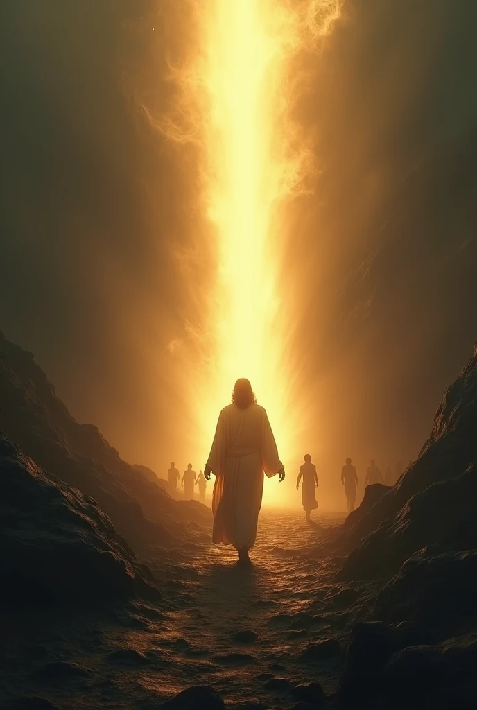 "Create a poignant image of Jesus as the light guiding the path for sinners. Depict Jesus standing at the forefront, radiating a warm, divine light that extends outwards to illuminate a dark and challenging path. His figure should be surrounded by a brilliant, soft glow, casting light over a rugged, shadowy road or terrain where figures representing sinners are walking. These figures should be shown moving towards the light, with expressions of hope and redemption. The background should include dark, somber elements to contrast with the radiant light emanating from Jesus, symbolizing the transformative power of His guidance. Use a blend of warm, golden tones for the light and cooler, muted colors for the surrounding darkness to emphasize the contrast and the uplifting effect of Jesus's presence."

















































































