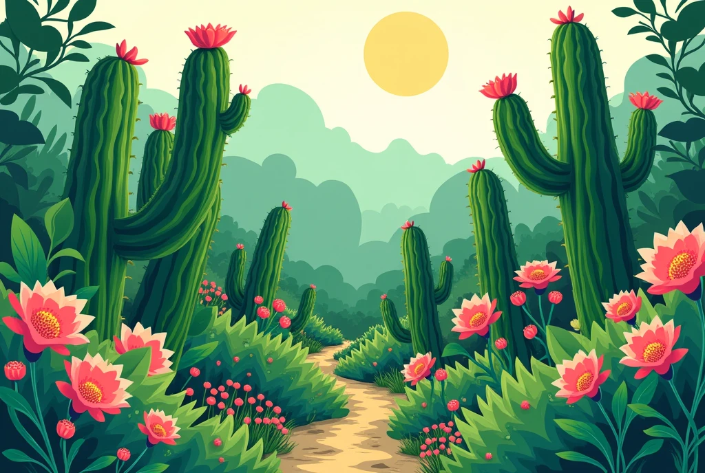 Image of the caatinga in a drawing with green cacti and pink flowers, em 2d, in Cartoon, with plants filling the entire floor 