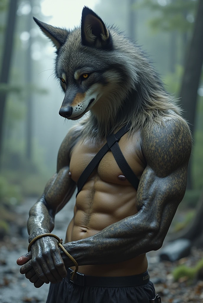 Shirou Ogami from "Brand New Animal" in wolf form. His naked body had his hands tied and he was wearing a harness around his body. then his anus was covered in cum and then his whole body was wet.