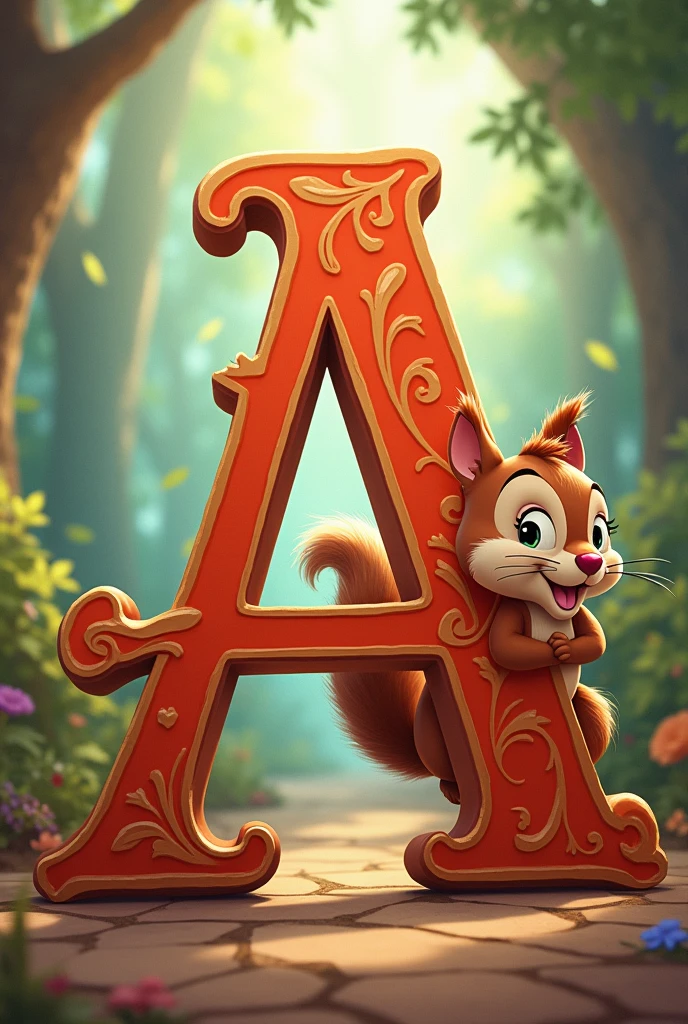 a squirrel holding the letter a, with Disney animated design, The letter must be bigger than the squirrel