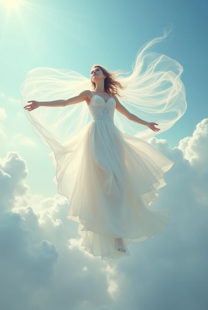 Create a bride flying into the sky with a very long veil surrounded by sparkles on her dress 