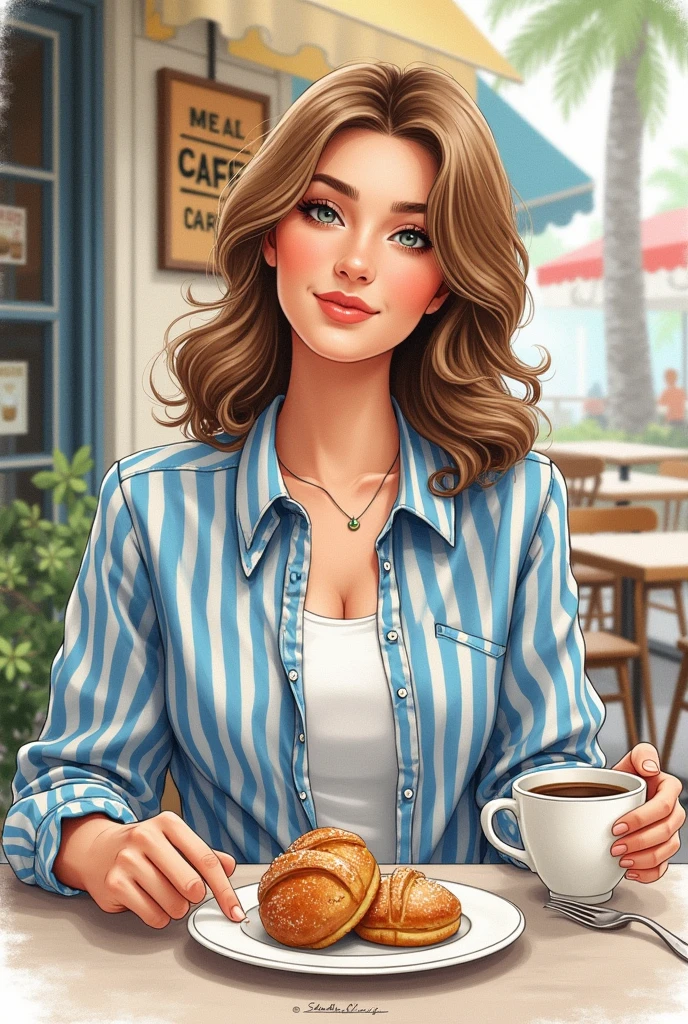 A hand-drawn illustration of a woman wearing a blue and white striped shirt, sitting at an outdoor café table, enjoying coffee and pastries. In the background, there’s a sign with the café’s name. The scene exudes a casual and relaxed atmosphere