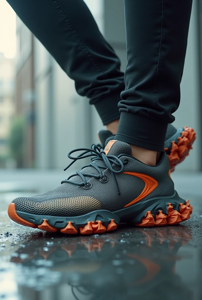 show a combo of images of a sneaker inspired by the lizard's paw, an image showing the sole of the sneaker with the toe split and showing inspiration from the keratinized skin of the gecko