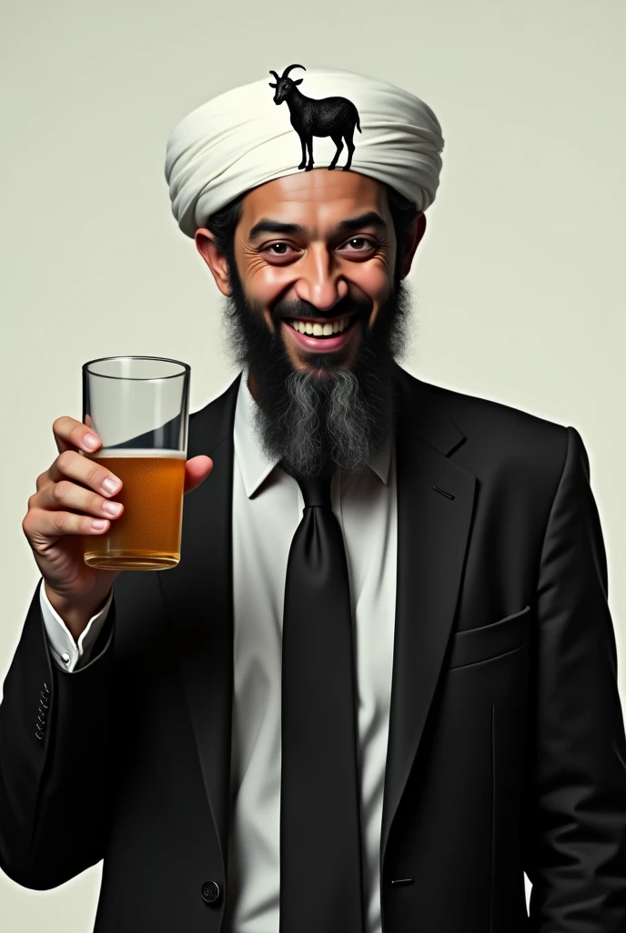 Create Osama Bin Laden, with black jacket, black necktie, a black goat drawn on the white turban, smiling with a glass of beer in his hand.
