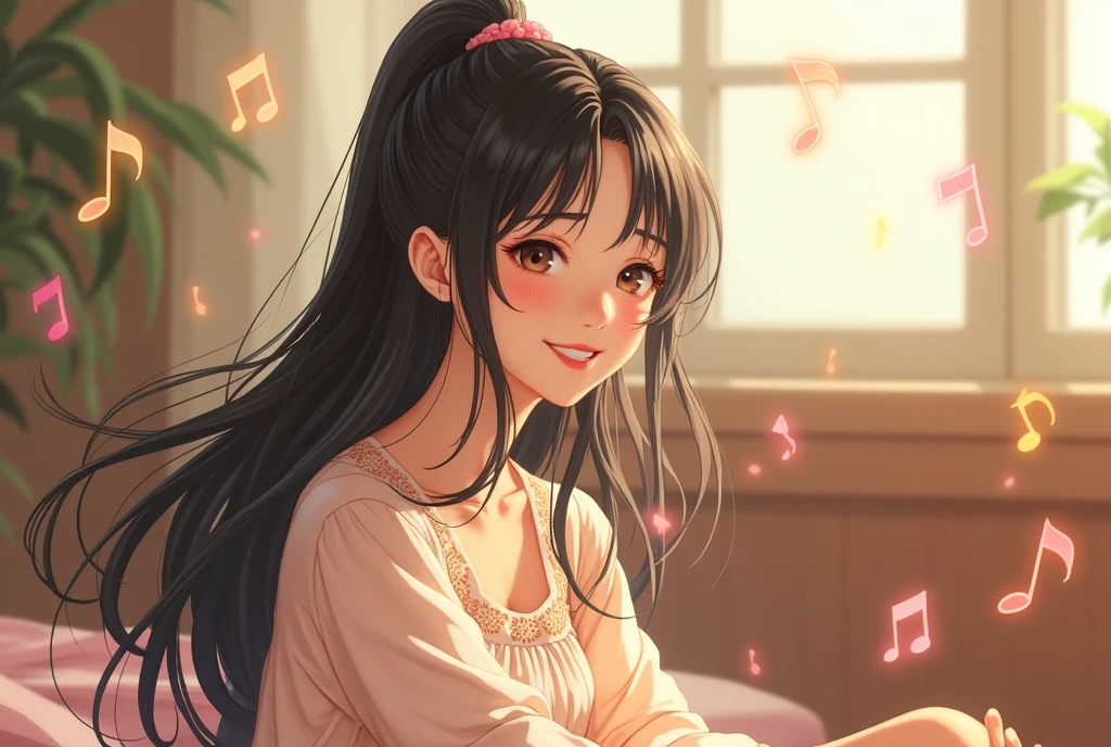 (Young Japanese woman, cute, elegant), smiling gently, wearing stylish headphones, long, flowing black hair, bright eyes, (youthful skin:1.2), sitting gracefully, Break, wearing a fashionable outfit: a light-colored blouse with delicate patterns, soft pastel colors, flowing skirt, Break, surrounded by a setting that hints at creativity and music: abstract notes floating in the air, gentle waves of sound depicted visually, Break, sunny environment with warm natural lighting, creating a cheerful and inviting atmosphere, hints of colorful, melodic visuals in the background, (warm color palette:1.1), Break, compositionally centered on her joyful expression, with a close-up style that captures her engagement with the music, Break, realistic style, high resolution, Break, capturing a sense of calm joy and musical involvement, light laughter, Break.