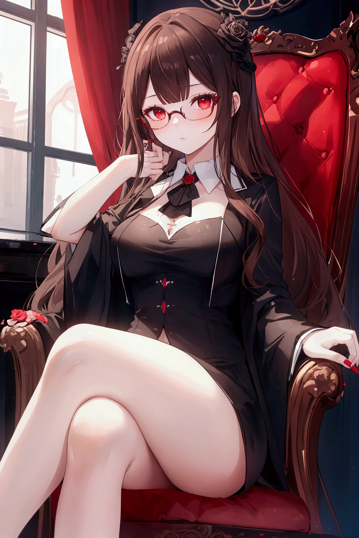 ((Highest quality, masterpiece, freak, Super Resolution)), 1 Girl,Sit on a chair、 Spread your legs、blush、from the front、Spy Family Yoru 、Tight mini skirt、Lace panties、 
