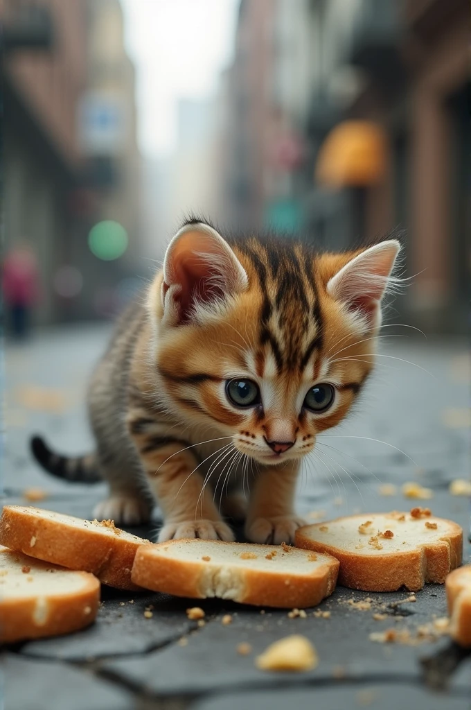 A kitten gnaws the edges of bread on the street