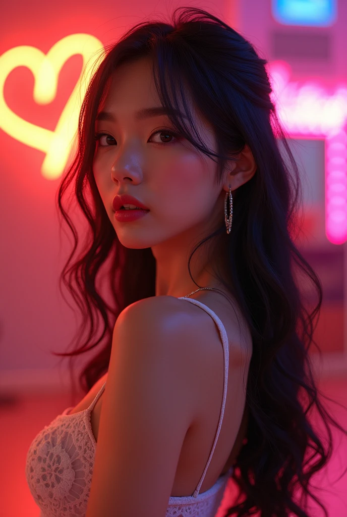 I want make kpop girl idol...have white hair and heart shape lipes,have slim nose and black and white mix long hair...she has brown skin..and stayin dance studio...and have fat look