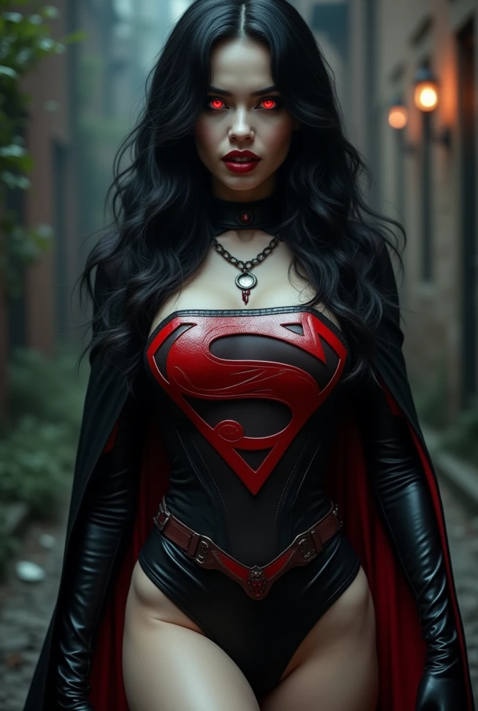 PHOTO REALISTIC. A FULL BODY VIEW OF THE HOTTES AND SEXIEST VAMPIRE BABE WITH, VAMPIRE EYES, LONG BLOODY WOLF FANGS , LONG BLACK HAIR, HUGE PERKY VAMPIRE BOOBS. WEARING A MAGE SUPERGIRL OUTFIT, GOTH CAPE AND GOTH BOOTS. A LARGE BLEEDING "S" EMBLEM ON HER CHEST. ABSURD 8K DETAILS AND TEXTURES.