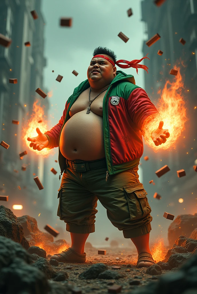 a man real teenage 20 year old bangladesh, nepal (fat body. belly fat chubby body type.) sharp eyes. chubby face. dark skin. man . Anger face. Open mouth. wear headband red whitr. . wearing an (green red stripe jacket) future shirt . anger faces, short hairstyle . Dramatic.. stand on lava ,( camouflauge green)cargo pant,, detailed face, cinematic lighting, dramatic atmosphere,.hot day. vibrant colors, 8k, high quality, photorealistic. Hero suit.. hand light green power dark power from his hand.((Glowing magic element magic elment from hand,),army green logo design on pant . Very strong. Future design dress. Very epic. Very hot background.. dark sky. Very strong . . Flying floating food, candy. chocolate bar everywhere..Shadow power from hand Floating small rock everywhere.have a power turn anything to the food.
