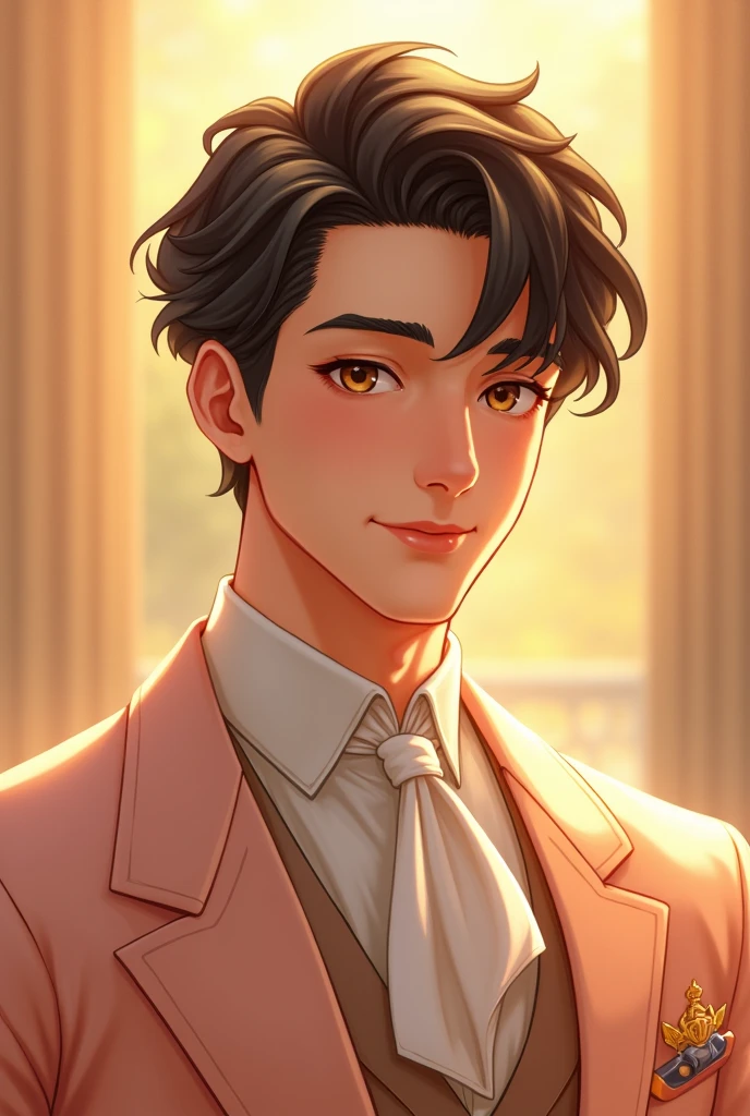 a handsome young man, twenty years old with fair skin and dark brown hair, dons a light peach suit and wearing a simple crown on his head. He has brown eyes. He has beautiful smile and the background is bright day.
