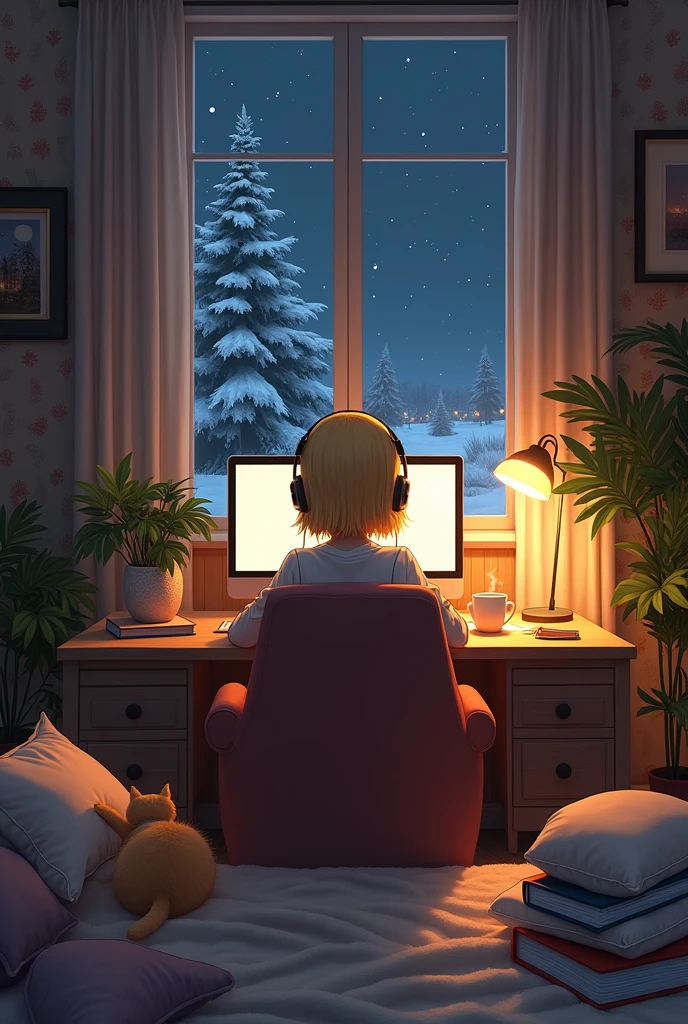 a girl with blonde hair is sitting at a computer with her back to us in a dim room illuminated by warm light, by the window, behind which it is snowing at night, at a table on which there are books and notebooks and a mug of tea from which steam is coming. She's in a comfortable big chair.There is wallpaper on the walls and a fluffy carpet on the floor. There are curtains near the window.She's wearing headphones and there's a cat and a lot of pillows on the bed next to her. There are plants on the walls in the room