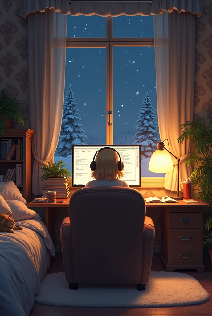a girl with blonde hair is sitting at a computer with her back to us in a dim room illuminated by warm light, by the window, behind which it is snowing at night, at a table on which there are books and notebooks and a mug of tea from which steam is coming. She's in a comfortable big chair.There is wallpaper on the walls and a fluffy carpet on the floor. There are curtains near the window.She's wearing headphones and there's a cat and a lot of pillows on the bed next to her. There are plants on the walls in the room