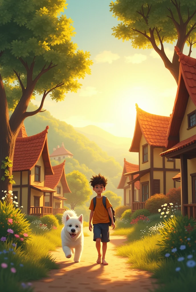 A cute , Ayan, walking through a beautiful village at sunrise. He is accompanied by his adorable white dog, Julie, who is joyfully running alongside him. The village houses and trees are bathed in the soft morning light.