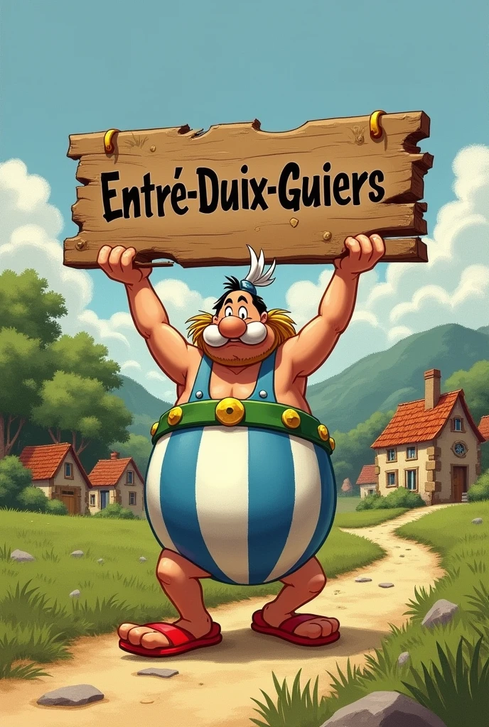 Écrire  " Entre-Deux-Guiers " sur un panneau tenu par Astérix 