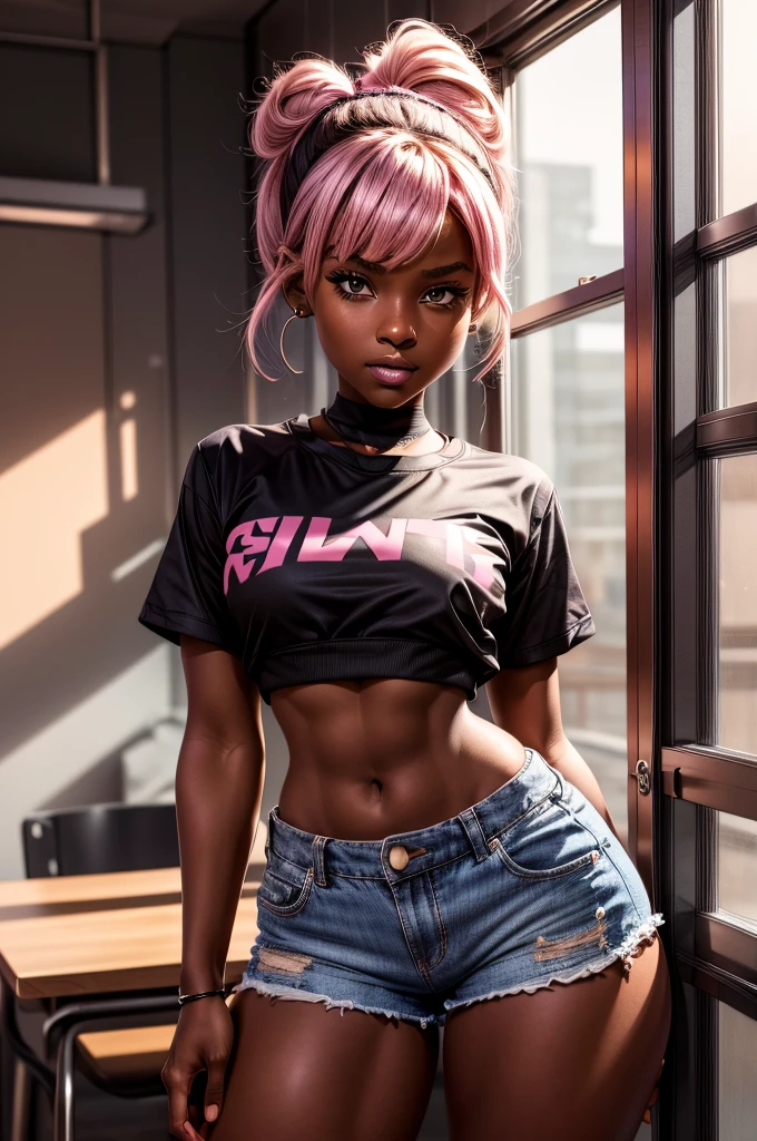 1 girl, solo, high quality, ebony girl, high resolution, volumetric lighting, 8k, beautiful woman, (dark skin), college student, 's uniform, (big-ass), breasts big, (pink tub top shirt), (cotton shorts:1.2), Wavy hair, pony tail, bangs, headband, hoop earnings, class room, pose sexy, seductively pose, 3/4 shot, cowboy shot, ((slim thick body:1.1)), 