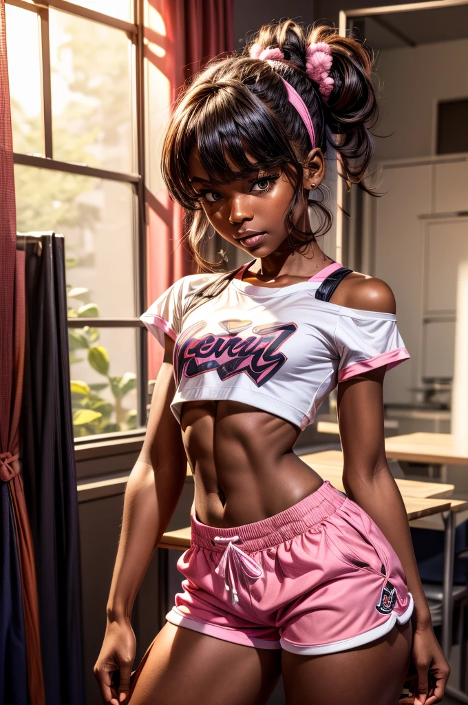 1 girl, solo, high quality, ebony girl, high resolution, volumetric lighting, 8k, beautiful woman, (dark skin), college student, 's uniform, (big-ass), breasts big, (pink tub top shirt), (cotton shorts:1.2), Wavy hair, pony tail, bangs, headband, hoop earnings, class room, pose sexy, seductively pose, 3/4 shot, cowboy shot, ((slim thick body:1.1)), 