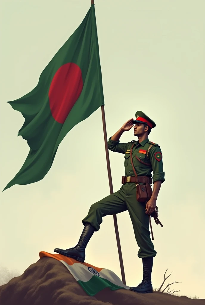 Make a image where a Bangladeshi Soldier is stepping on India flag. And saluting Bangladesh flag. Bangladesh flag should stand tall. Bangladeshi soldier stepping on india flag and salutting tall Bangladesh flag. Make the Bangladesh flag in front of the soldier