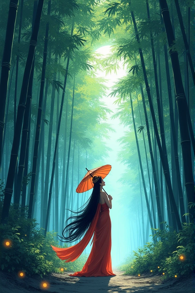 dynamic ink painting of a bamboo grove of India, great art, great sense of depth, ground level shot, the most beautiful bamboo grove in the world, bamboo leaves shining through rainwater, moon\(pale blue\) with a light overcast, beautiful Lord Saraswati crown wearing and traditional saree \(ancient Japanese noble, beautiful kimono, beautiful long black hair\) looking up at the moon holding an umbrella,raining softly, fireflies flying around, bamboo leaves are placed three-dimensionally in the foreground, long distance shot