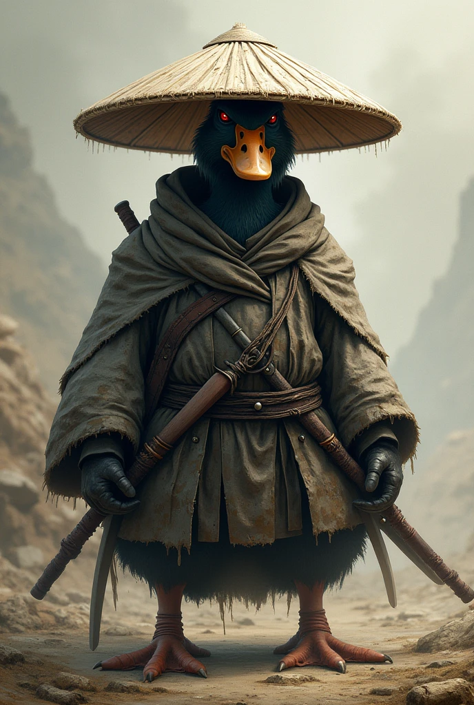 A old grey samurai duck with a cold gaze wearing a tattered cloak, two sheathed blades and a straw hat