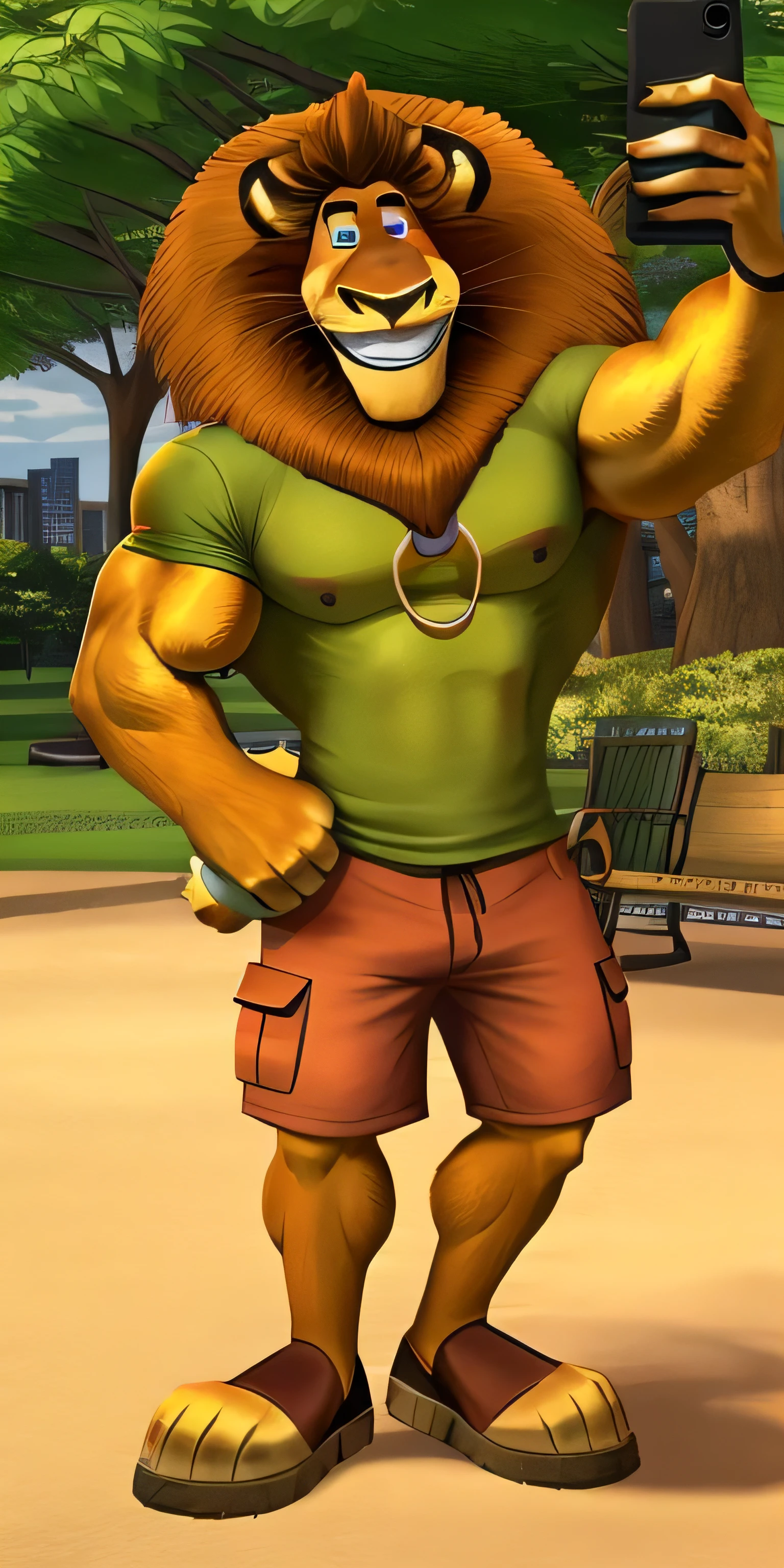 Alex the Lion, muscular body, big biceps, extremely beautiful and cute face, wears green t-shirt, red cargo shorts, crocs, park background, selfie, friendly look, smiling