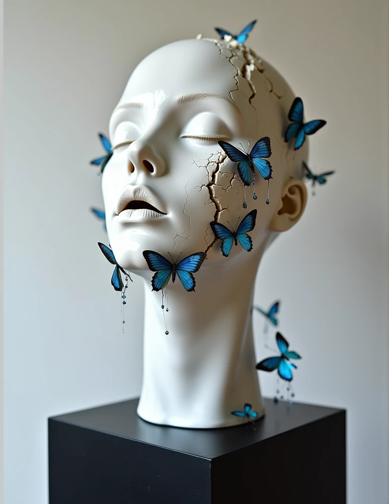 ((display,Still life table,Artistic statues,3D Sculpture,ceramics,Surface cracks,Shattered Texture)), Showing the beauty of nature. This artwork is presented on a grey background,To emphasize its artistic quality.