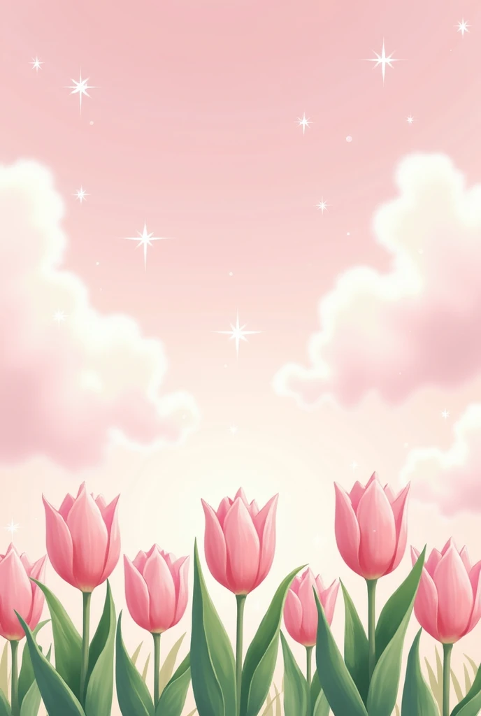 I want a row of pink 2d tulips having three petals as well as green leaves and dreamy pinkish clouds above it. Also add four handed stars with a blue sky. Make the pic like anime.
Make tulips lighter. Reduce petals. make 3 petals