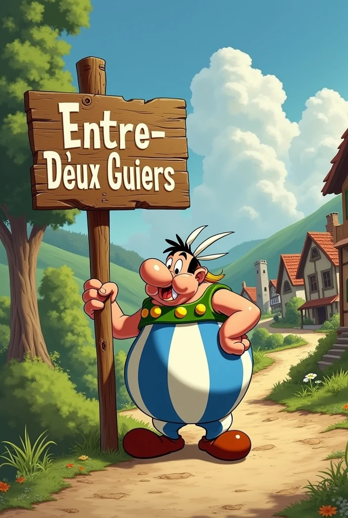 Écrire  " Entre-Deux-Guiers " sur un panneau tenu par Astérix 