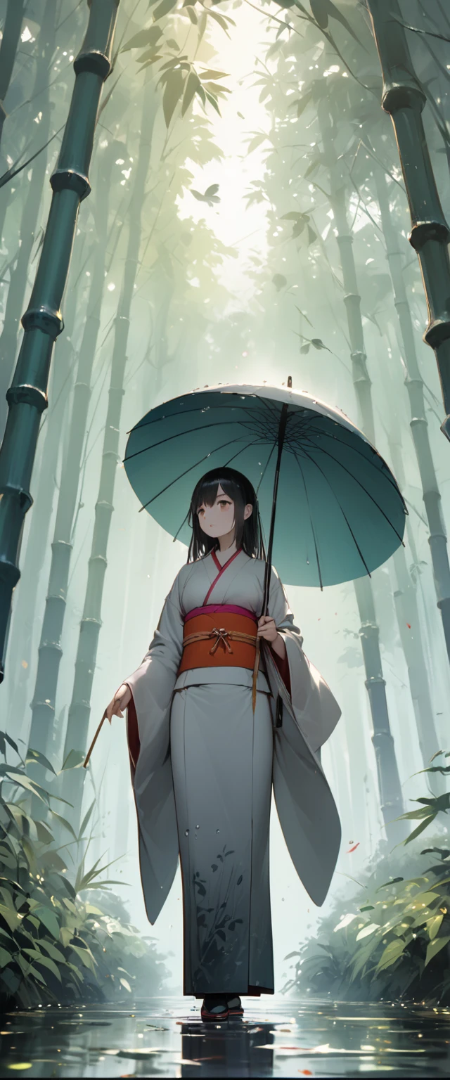 dynamic ink painting of a bamboo grove of japan, great art, great sense of depth, ground level shot, the most beautiful bamboo grove in the world, bamboo leaves shining through rainwater, moon\(pale blue\) with a light overcast,solo, beautiful 1girl\(ancient Japanese noble, beautiful kimono, beautiful long black hair\) looking up at the moon holding an umbrella,raining softly, fireflies flying around, bamboo leaves are placed three-dimensionally in the foreground, long shot,colorless,full body