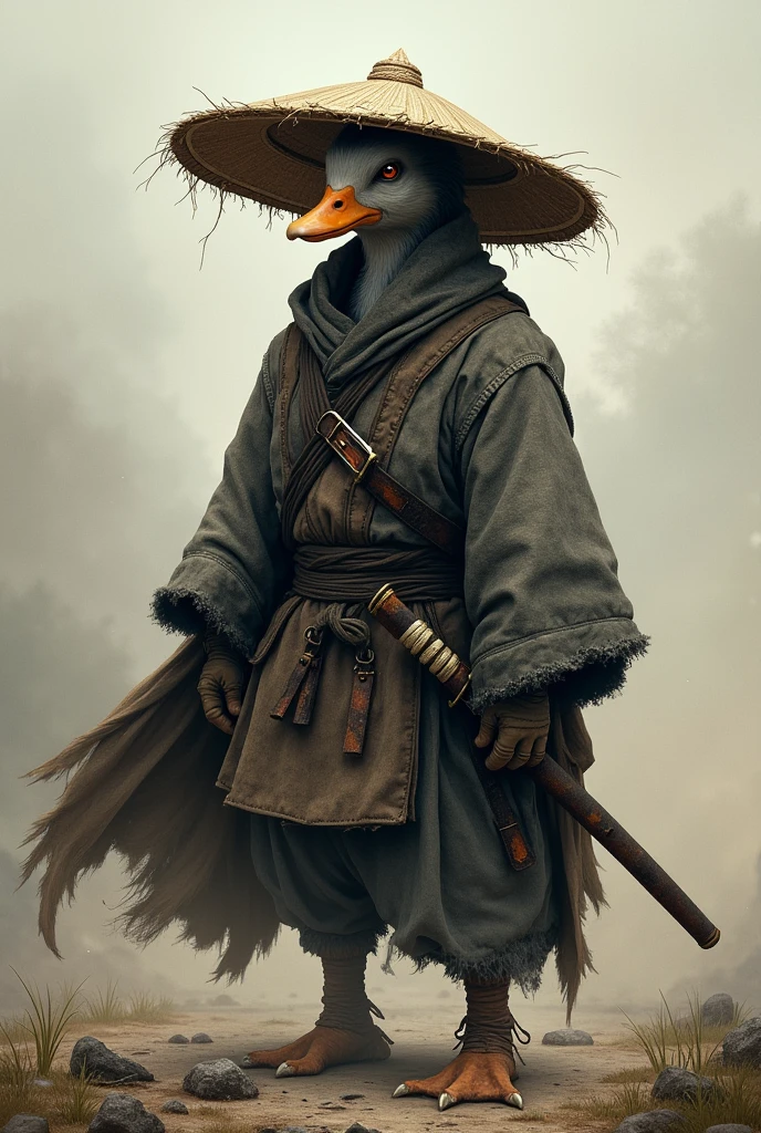 A old grey samurai duck with a cold gaze wearing a tattered cloak, two sheathed blades and a straw hat