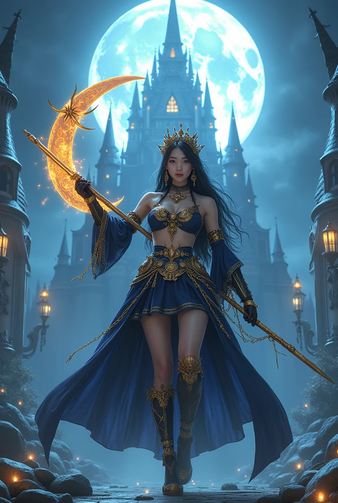An Asian woman wearing a dark blue and black short skirt fantasy outfit, Sailor Moon style short skirt fantasy outfit decorated with magical golden metal, filled with chains with many details. Choker, gloves, and crown. She held a gigantic glowing crescent-shaped staff in action pose. Silver castle background and big full moon. UHD, 64k