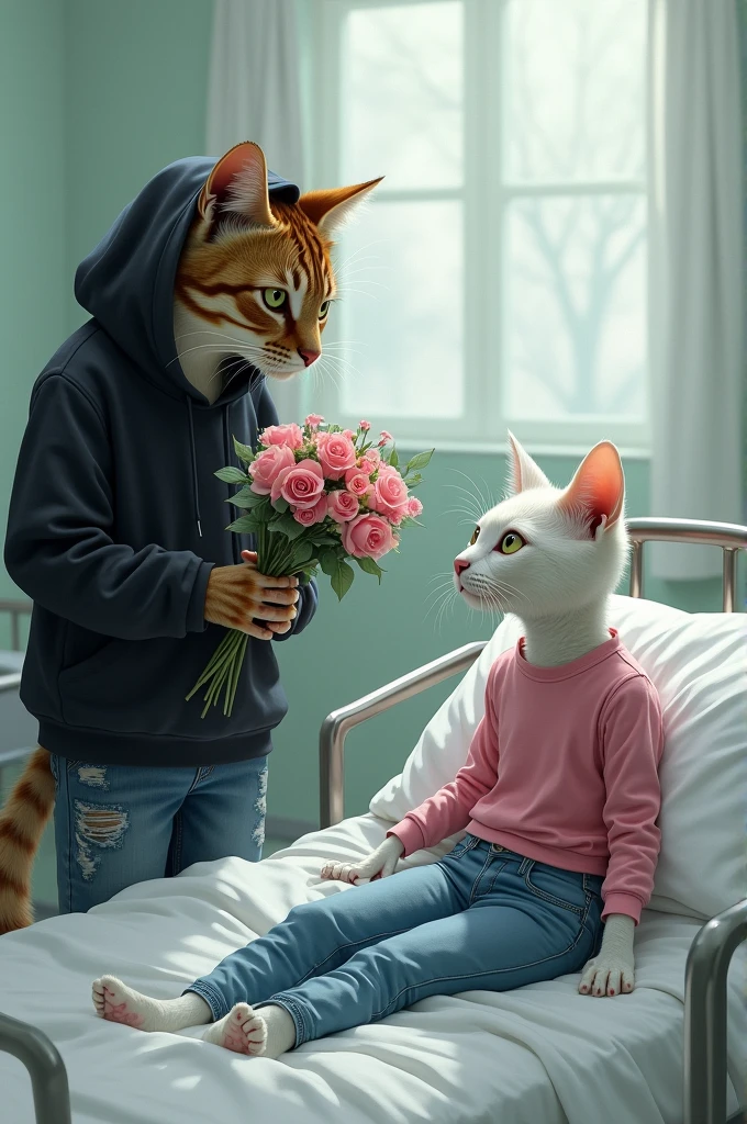 A white bony cat dressed in pink top and blue jeans on hospital bed looks with hope on a yellow cat dressed in tattered black hoodie and black jeans with bouquet in hands