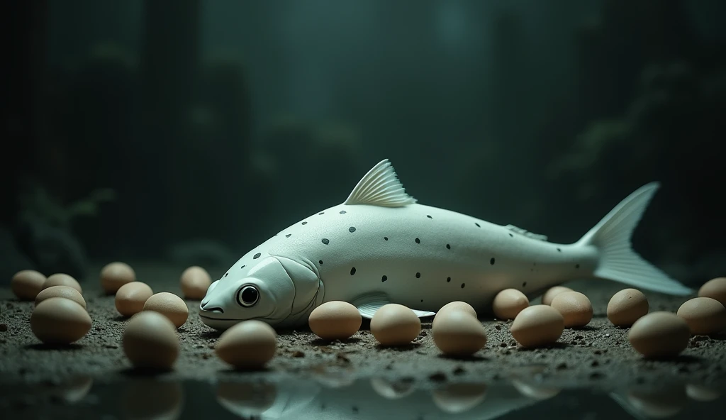 There is a shadow、Fish salmon、Salmon has small black spots on its body、The salmon is laying 100 chicken eggs.、There are no humans