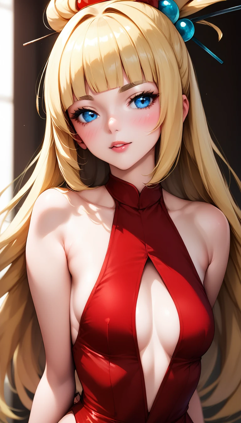 amazing quality, best quality, by lizhiyan360, 1girl, solo, long hair, looking at viewer, blush, blue eyes, blonde hair, hair ornament,(((top less))) red dress, sleeveless dress, cleavage, bare shoulders, upper body, small breasts, blunt bangs, center opening, hair stick,
