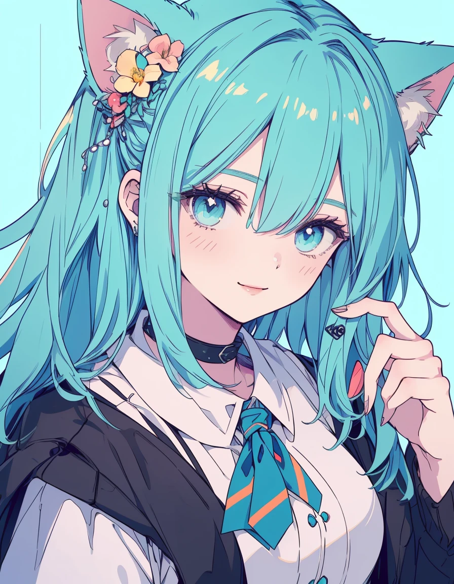 darts bar, smile, mini character, ((masterpiece, best quality:1.5)), ((Beautiful detailed cat aqua eyes:1.2)), cat ears, pale skin, medium breasts, beautiful hands, beautiful fingers, EasyNegative
